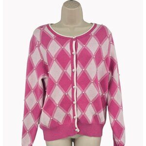 Nanette Lepore Womens Medium Pink Argyle Pearl Button Cardigan Sweater